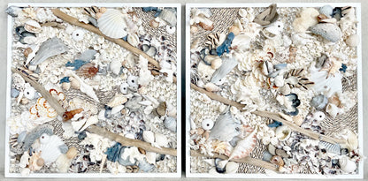 Handmade Coastal Shell Wall Art -Natural Driftwood & Shells, Blue White 24-30" Square