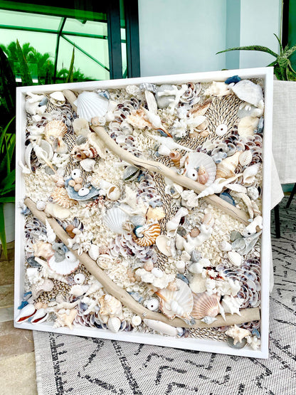 Handmade Coastal Wall Art Natural Driftwood Seashells 24" or 30" Square Sea Shell Coral Beach Lake Décor Blue Grey White Beige Sanibel
