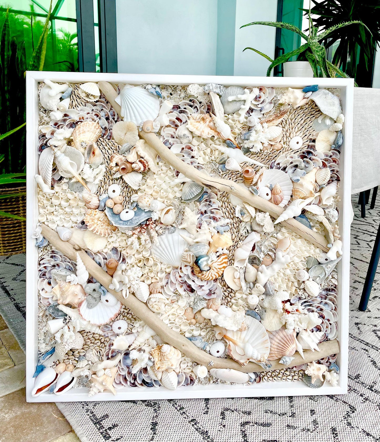 Handmade Coastal Shell Wall Art Natural Driftwood Seashells 24" or 30" Square Seashell Coral Beach Lake Décor Blue Grey White Beige Sanibel