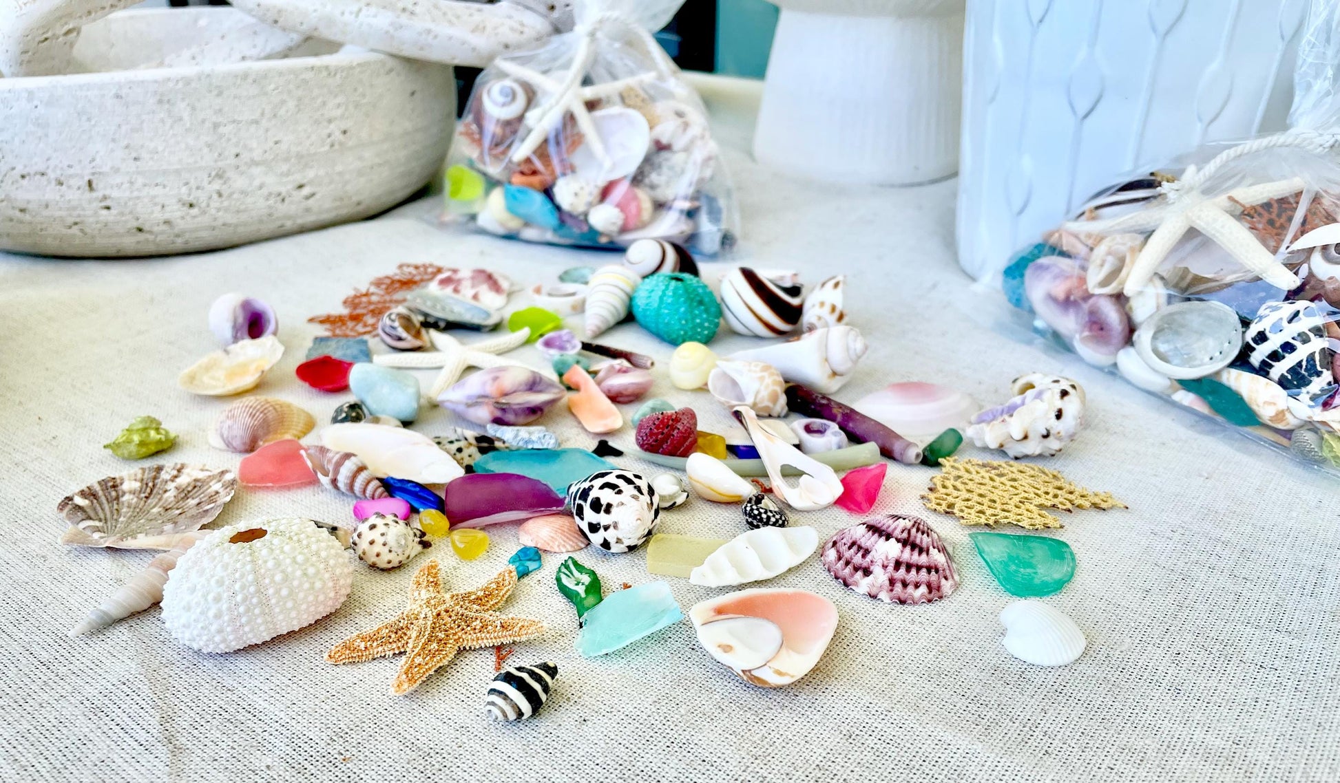 OCEAN VARIETY PACK 85 Pc. 1/4" to 2" Colorful Sea Shells, Urchins, Sea Glass, Starfish, Coastal Mix Craft Assorted Tiny Small Bulk