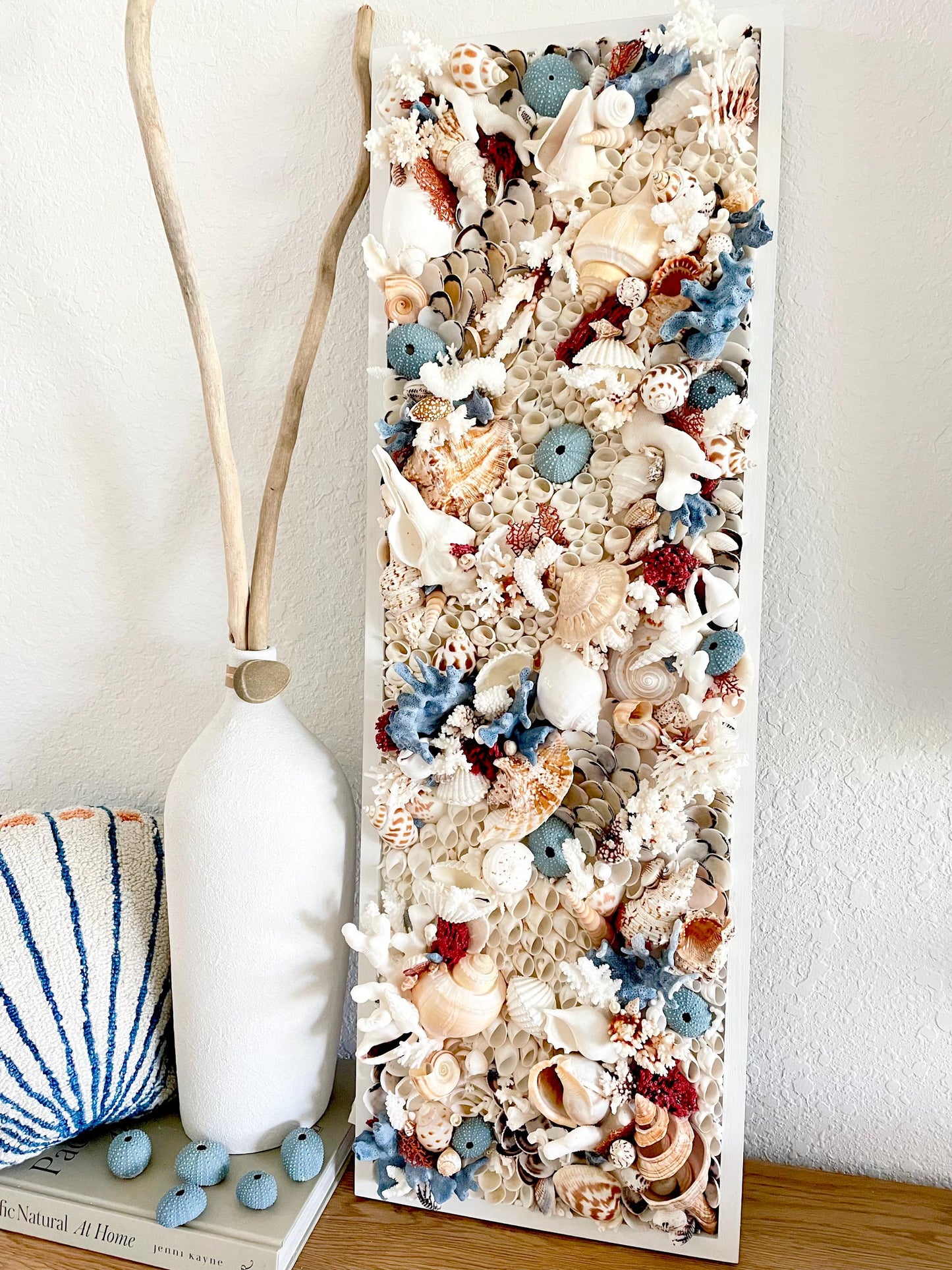 Seashell Modern Coastal Wall Art Natural Textured Sea shells Urchins Coral 36" x 12" Beach House Décor White Red Blue Sanibel