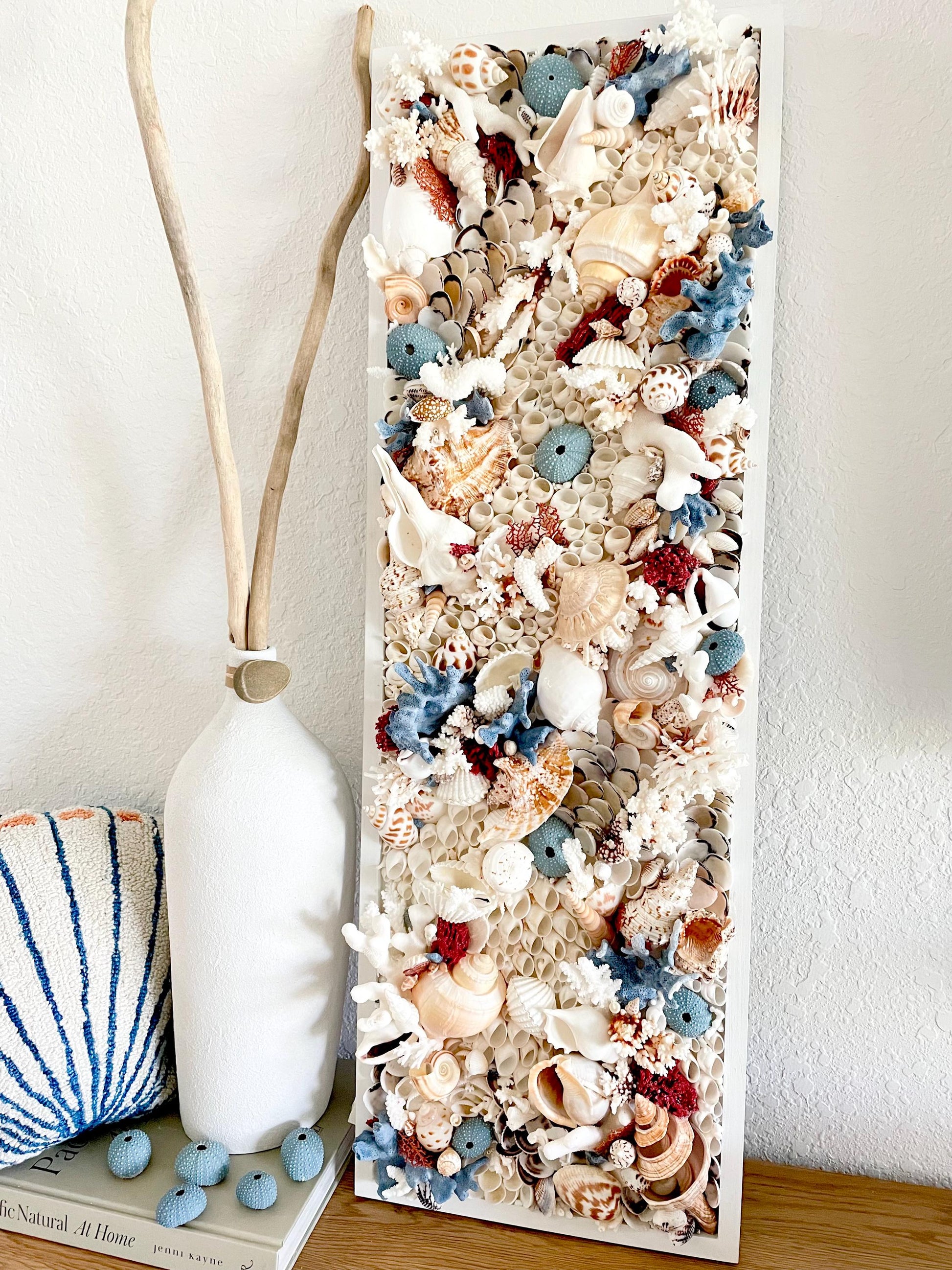 Seashell Modern Coastal Wall Art Natural Textured Sea shells Urchins Coral 36" x 12" Beach House Décor White Red Blue Sanibel