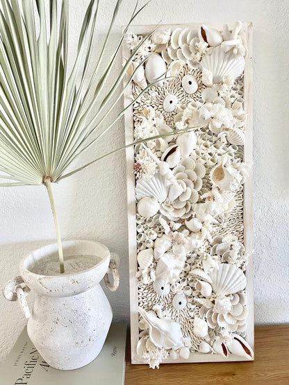 Organic Seashell Wall Art: Natural White Shells, Coral, Urchins 36”x12"