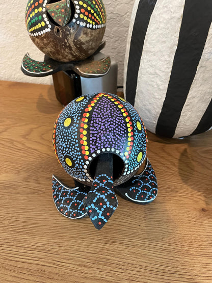 Colorful TURTLE LOVERS Handmade Carved & Painted Coconut Shell Bobble Head Coastal Beach Gift Natural Kids Toy Organic Sustainable Décor