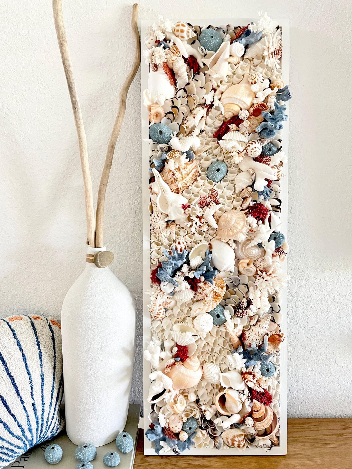 Seashell Modern Coastal Wall Art Natural Textured Sea shells Urchins Coral 36" x 12" Beach House Décor White Red Blue Sanibel