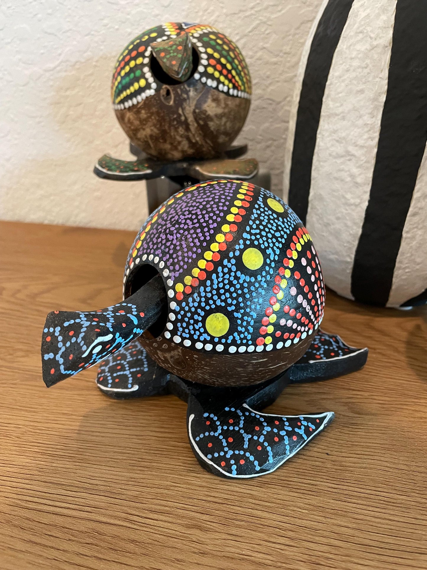 Colorful TURTLE LOVERS Handmade Carved & Painted Coconut Shell Bobble Head Coastal Beach Gift Natural Kids Toy Organic Sustainable Décor