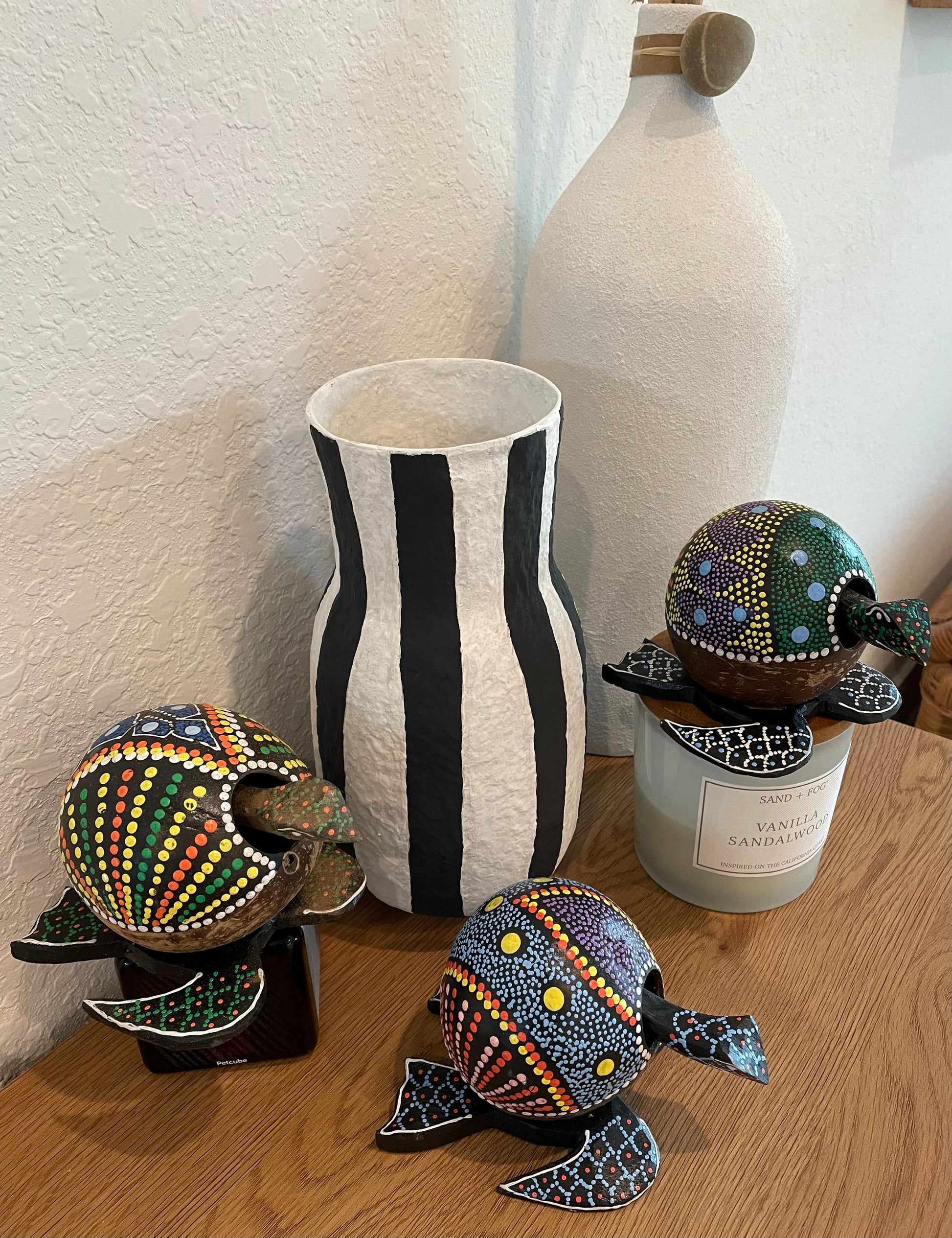 Colorful TURTLE LOVERS Handmade Carved & Painted Coconut Shell Bobble Head Coastal Beach Gift Natural Kids Toy Organic Sustainable Décor