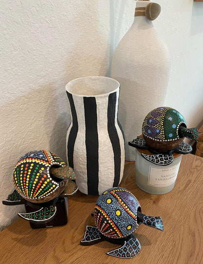 Colorful TURTLE LOVERS Handmade Carved & Painted Coconut Shell Bobble Head Coastal Beach Gift Natural Kids Toy Organic Sustainable Décor