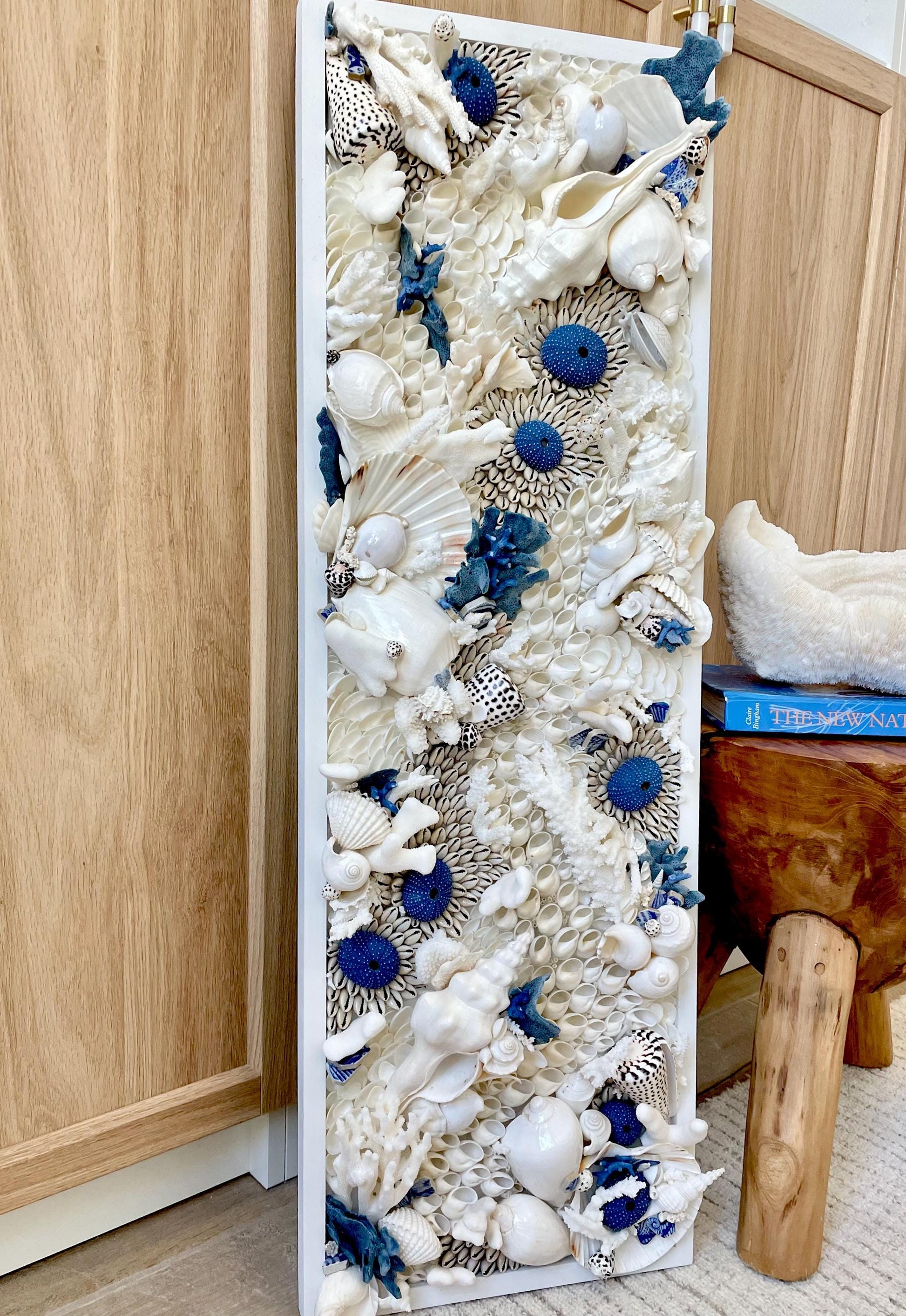 Santorini Seashell Modern Coastal Wall Art Natural Textured Sea shells Urchins Coral 36" x 12" Beach House Décor White Blue Sea Pottery