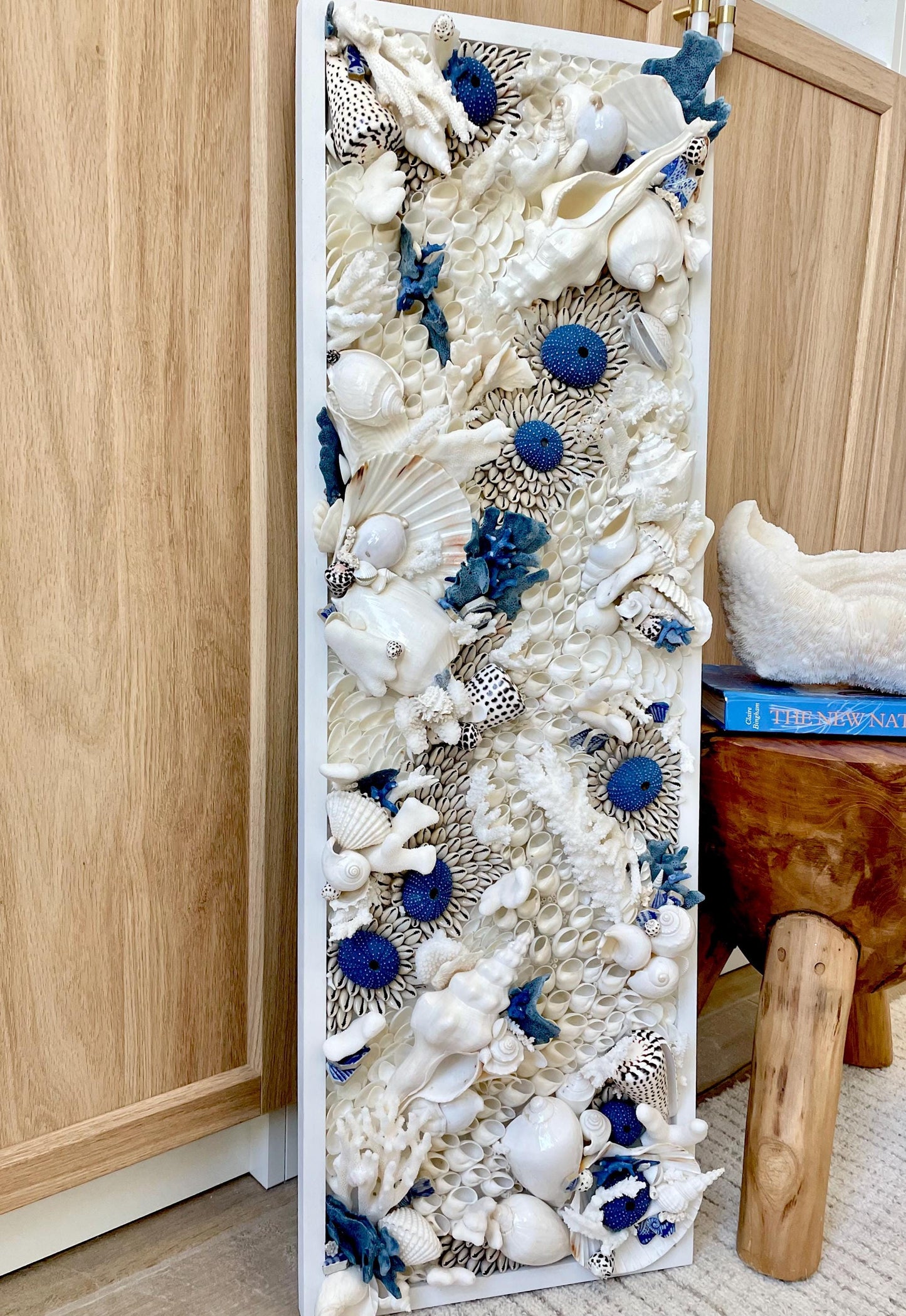 Santorini Seashell Modern Coastal Wall Art Natural Textured Sea shells Urchins Coral 36" x 12" Beach House Décor White Blue Sea Pottery