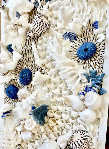 Santorini Seashell Modern Coastal Wall Art Natural Textured Sea shells Urchins Coral 36" x 12" Beach House Décor White Blue Sea Pottery