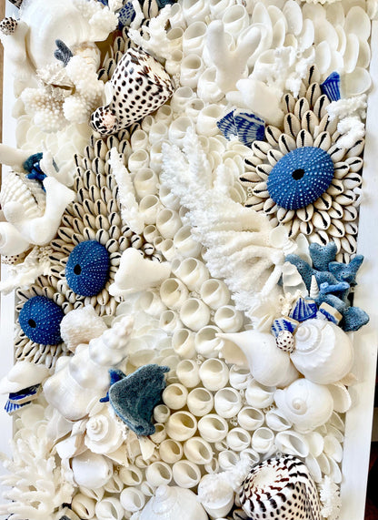 Santorini Seashell Modern Coastal Wall Art Natural Textured Sea shells Urchins Coral 36" x 12" Beach House Décor White Blue Sea Pottery
