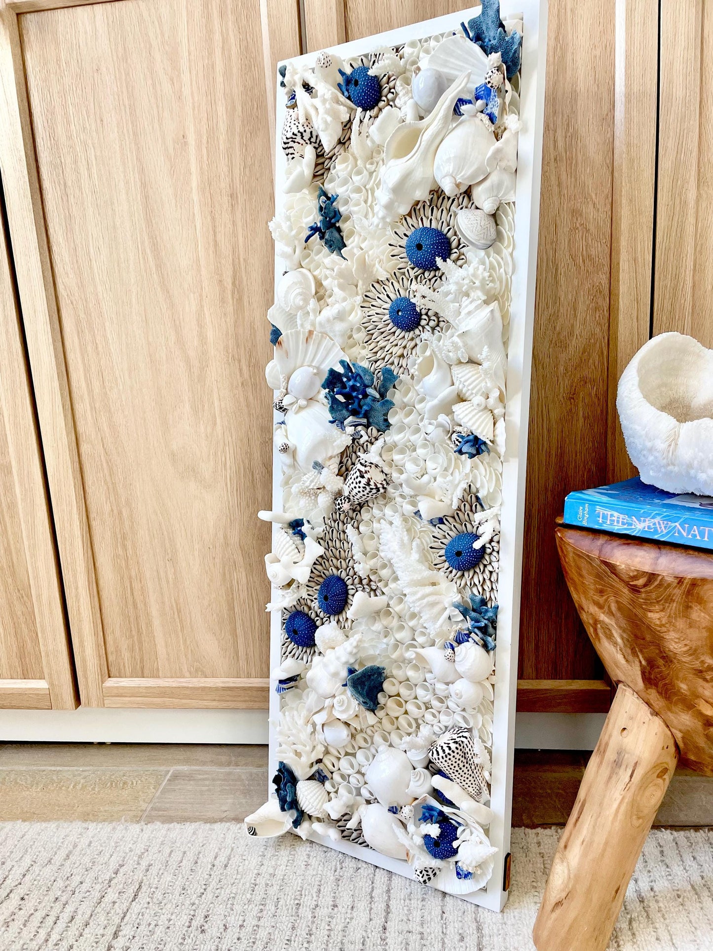 Santorini Seashell Modern Coastal Wall Art Natural Textured Sea shells Urchins Coral 36" x 12" Beach House Décor White Blue Sea Pottery