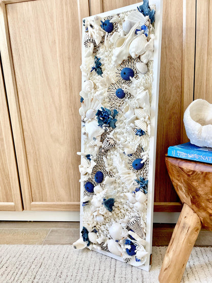 Santorini Seashell Modern Coastal Wall Art Natural Textured Sea shells Urchins Coral 36" x 12" Beach House Décor White Blue Sea Pottery