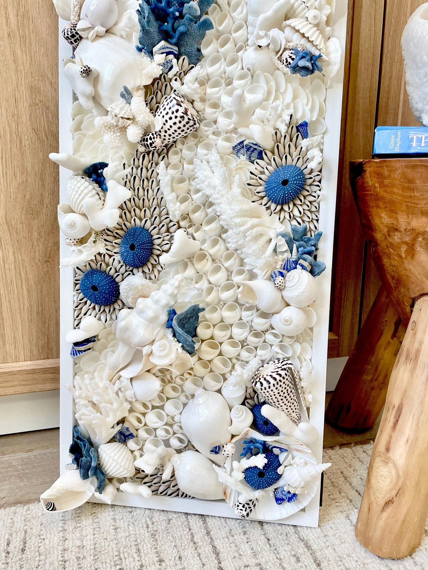 Santorini Seashell Modern Coastal Wall Art Natural Textured Sea shells Urchins Coral 36" x 12" Beach House Décor White Blue Sea Pottery