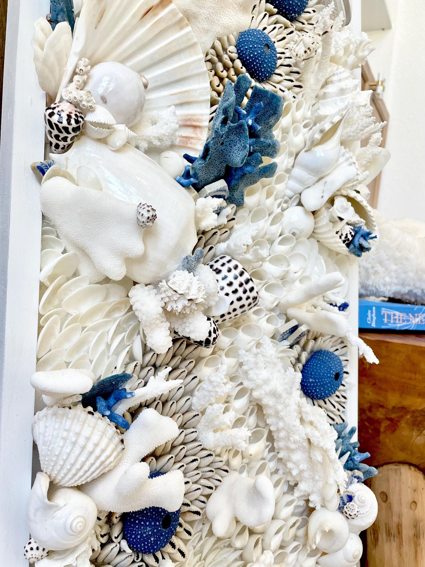 Santorini Seashell Modern Coastal Wall Art Natural Textured Sea shells Urchins Coral 36" x 12" Beach House Décor White Blue Sea Pottery