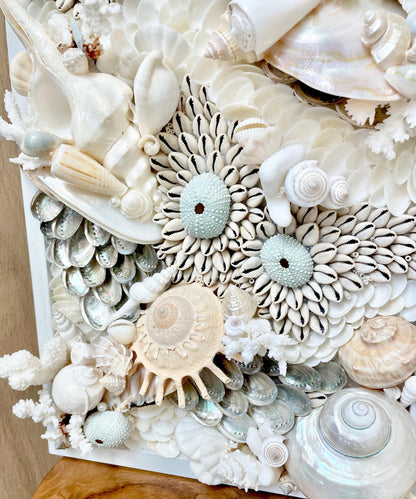 Powder Blue Pearl Seashell Modern Coastal Wall Art Natural Textured Sea shells Urchins Coral 36" x 12" Upscale Beach House Décor White Beige