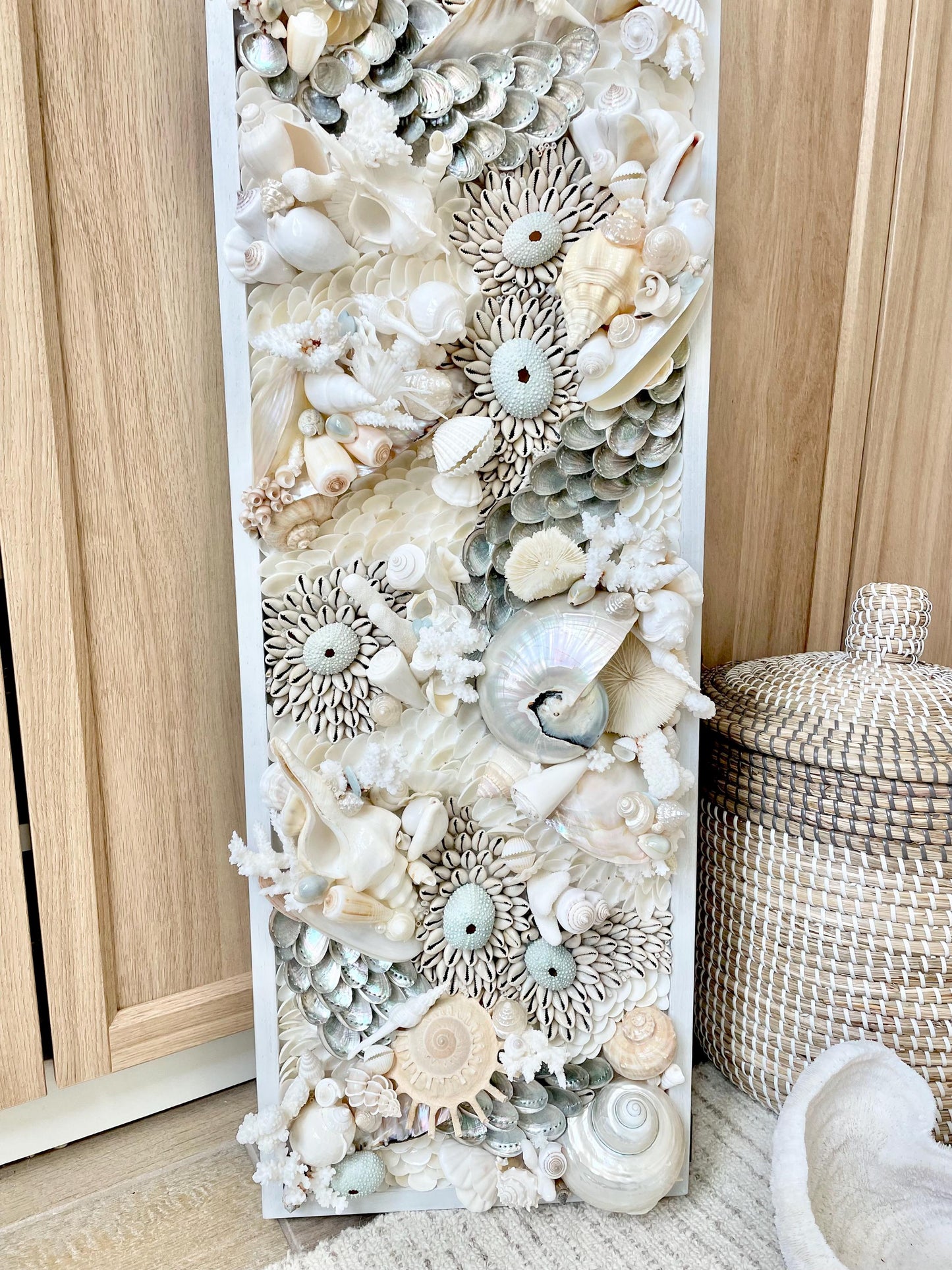 Powder Blue Pearl Seashell Modern Coastal Wall Art Natural Textured Sea shells Urchins Coral 36" x 12" Upscale Beach House Décor White Beige