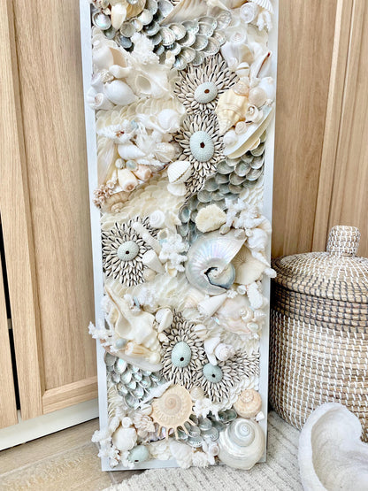 Powder Blue Pearl Seashell Modern Coastal Wall Art Natural Textured Sea shells Urchins Coral 36" x 12" Upscale Beach House Décor White Beige