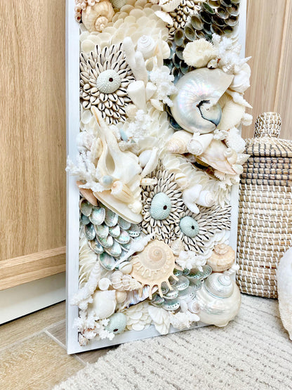 Powder Blue Pearl Seashell Modern Coastal Wall Art Natural Textured Sea shells Urchins Coral 36" x 12" Upscale Beach House Décor White Beige
