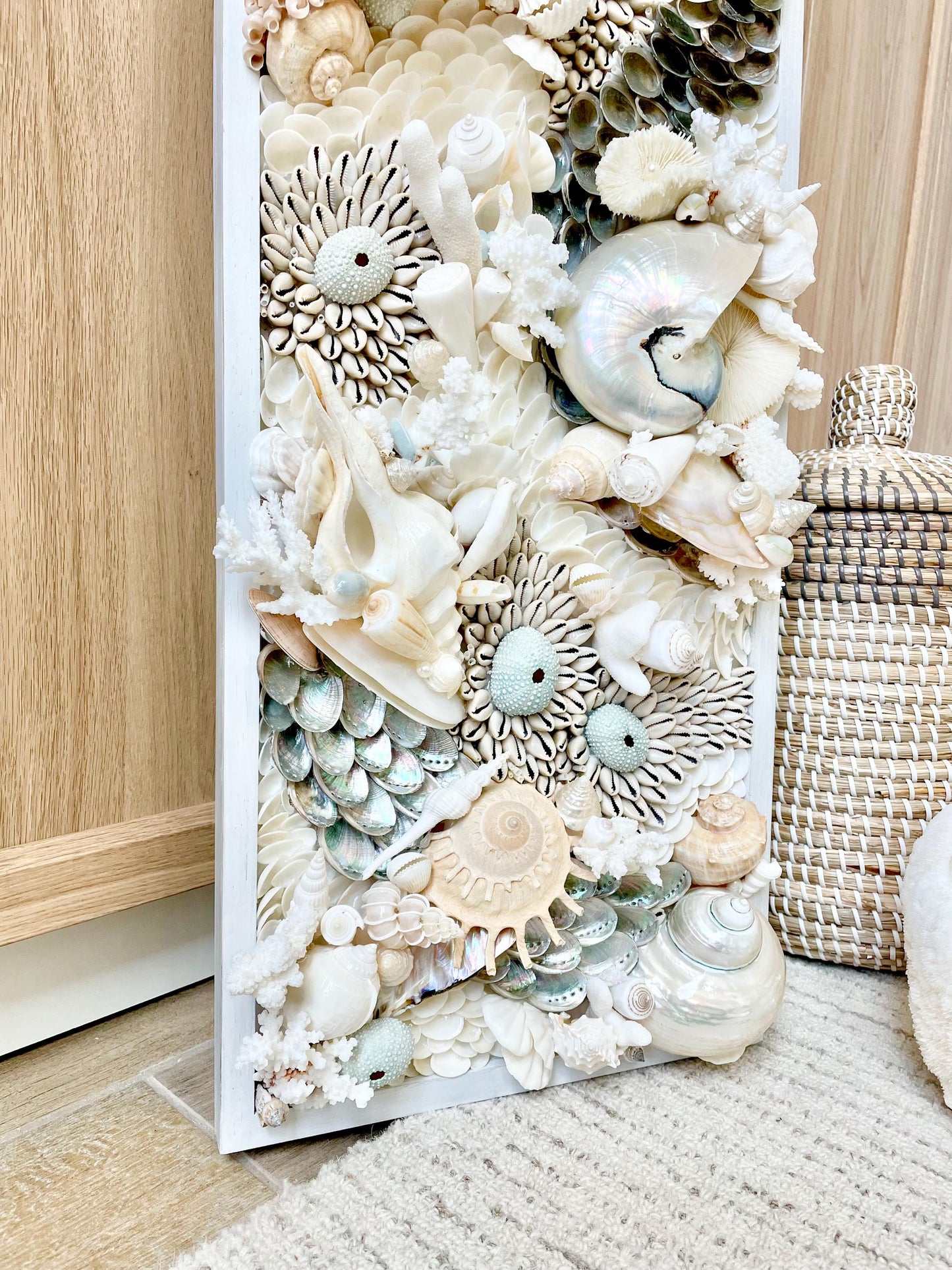 Seashell Wall Art: Powder Blue Pearl, Coral & Urchin, 12x 36" Coastal Décor