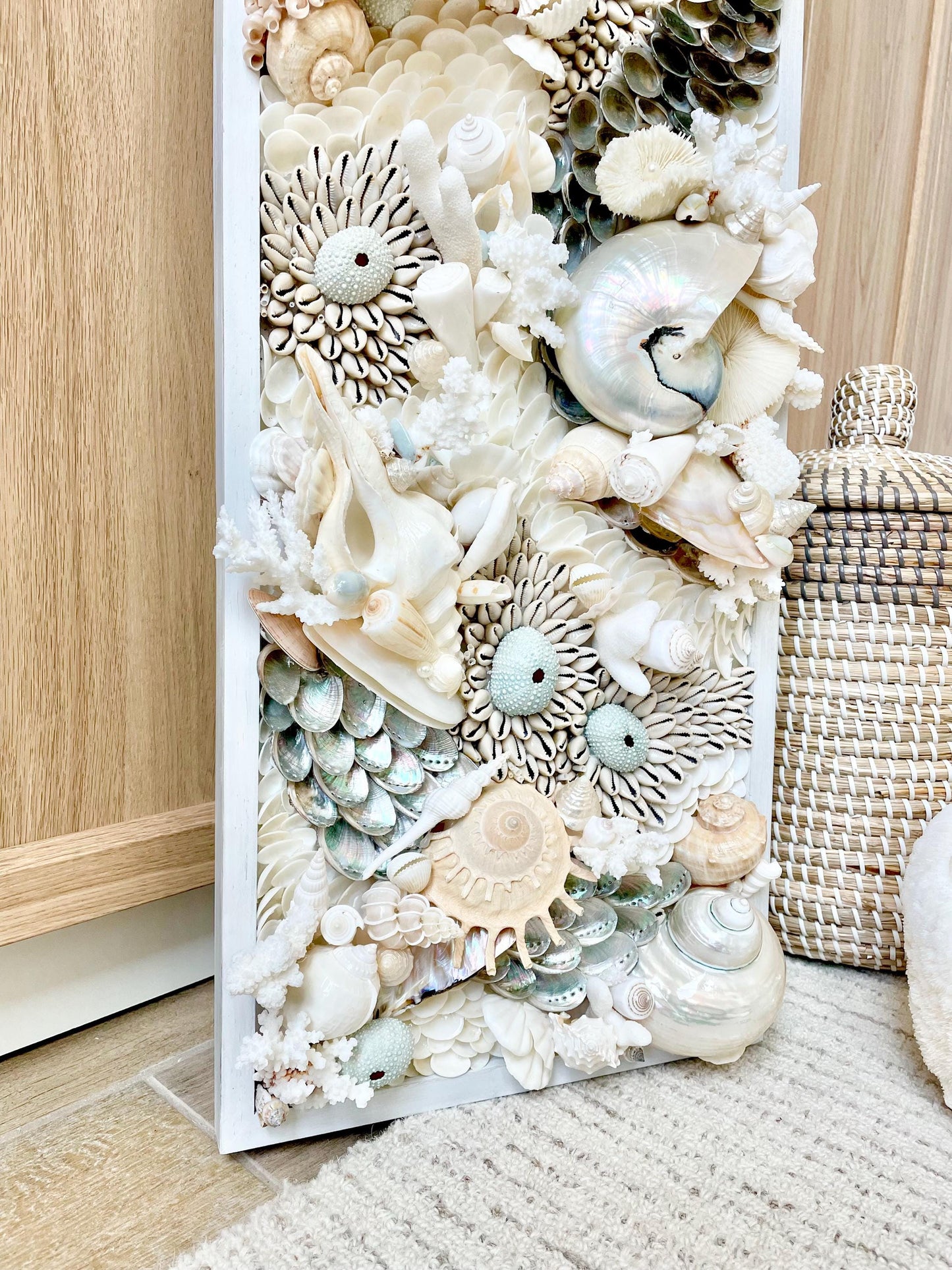 Powder Blue Pearl Seashell Modern Coastal Wall Art Natural Textured Sea shells Urchins Coral 36" x 12" Upscale Beach House Décor White Beige