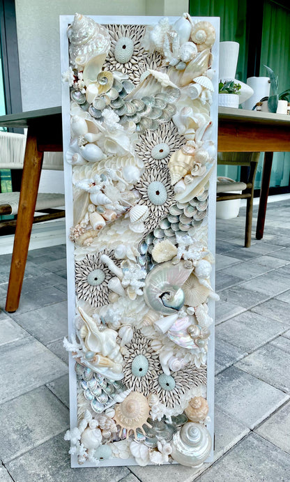 Powder Blue Pearl Seashell Modern Coastal Wall Art Natural Textured Sea shells Urchins Coral 36" x 12" Upscale Beach House Décor White Beige