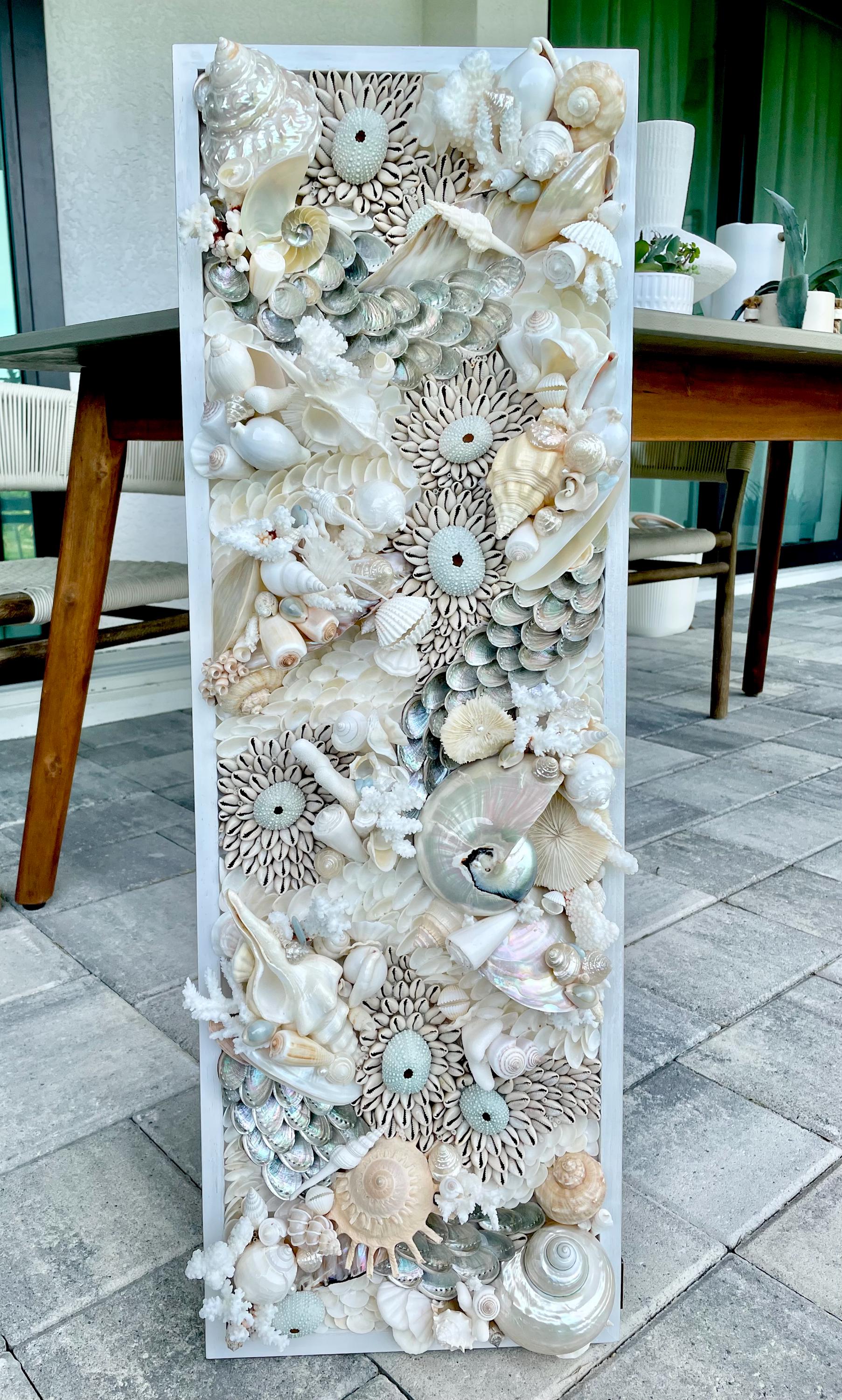 Powder Blue Pearl Seashell Modern Coastal Wall Art Natural Textured Sea shells Urchins Coral 36" x 12" Upscale Beach House Décor White Beige