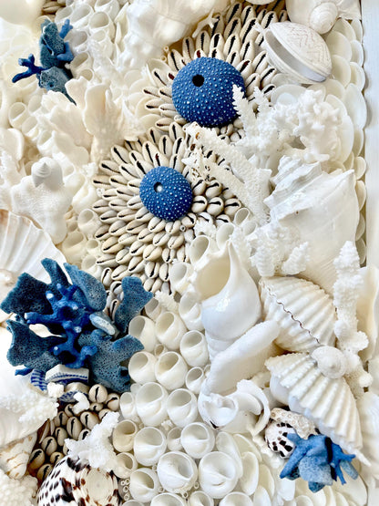 Santorini Seashell Modern Coastal Wall Art Natural Textured Sea shells Urchins Coral 36" x 12" Beach House Décor White Blue Sea Pottery