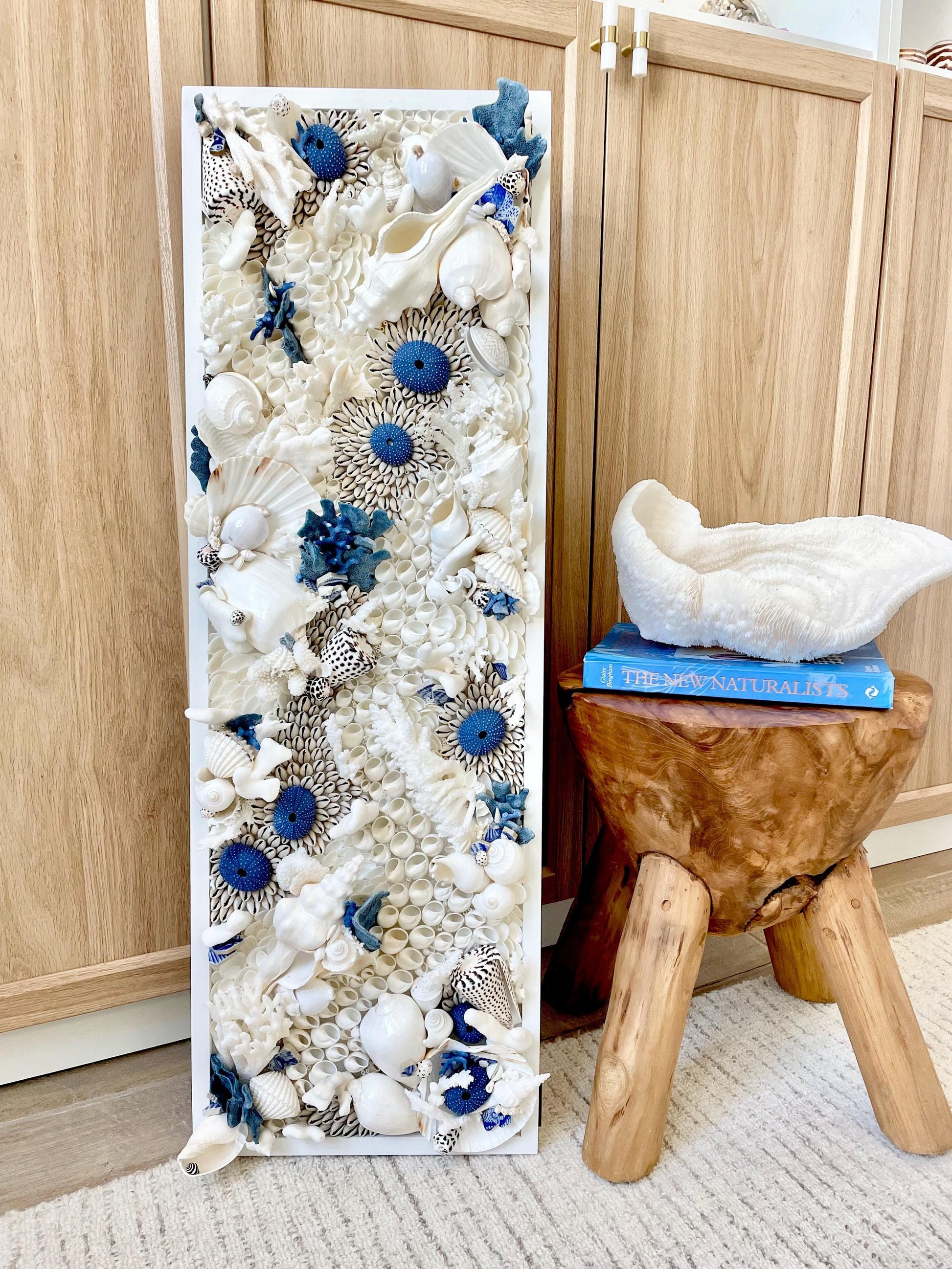 Santorini Seashell Modern Coastal Wall Art Natural Textured Sea shells Urchins Coral 36" x 12" Beach House Décor White Blue Sea Pottery