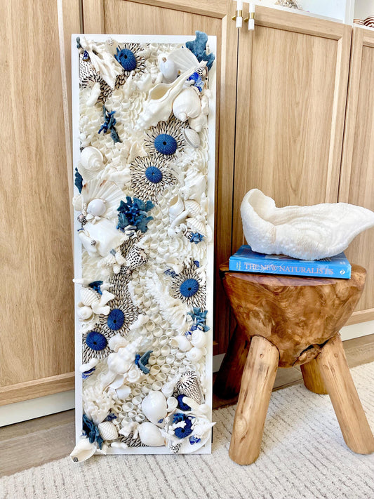 Santorini Seashell Modern Coastal Wall Art Natural Textured Sea shells Urchins Coral 36" x 12" Beach House Décor White Blue Sea Pottery