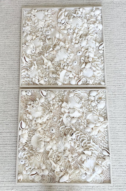 Handmade Modern Coastal Wall Art Natural Textured House Décor Seashells Urchins Coral 16", 24", 30" Square Beach White Sanibel Florida