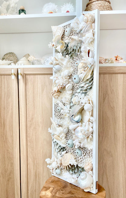 Powder Blue Pearl Seashell Modern Coastal Wall Art Natural Textured Sea shells Urchins Coral 36" x 12" Upscale Beach House Décor White Beige