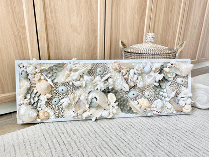 Powder Blue Pearl Seashell Modern Coastal Wall Art Natural Textured Sea shells Urchins Coral 36" x 12" Upscale Beach House Décor White Beige