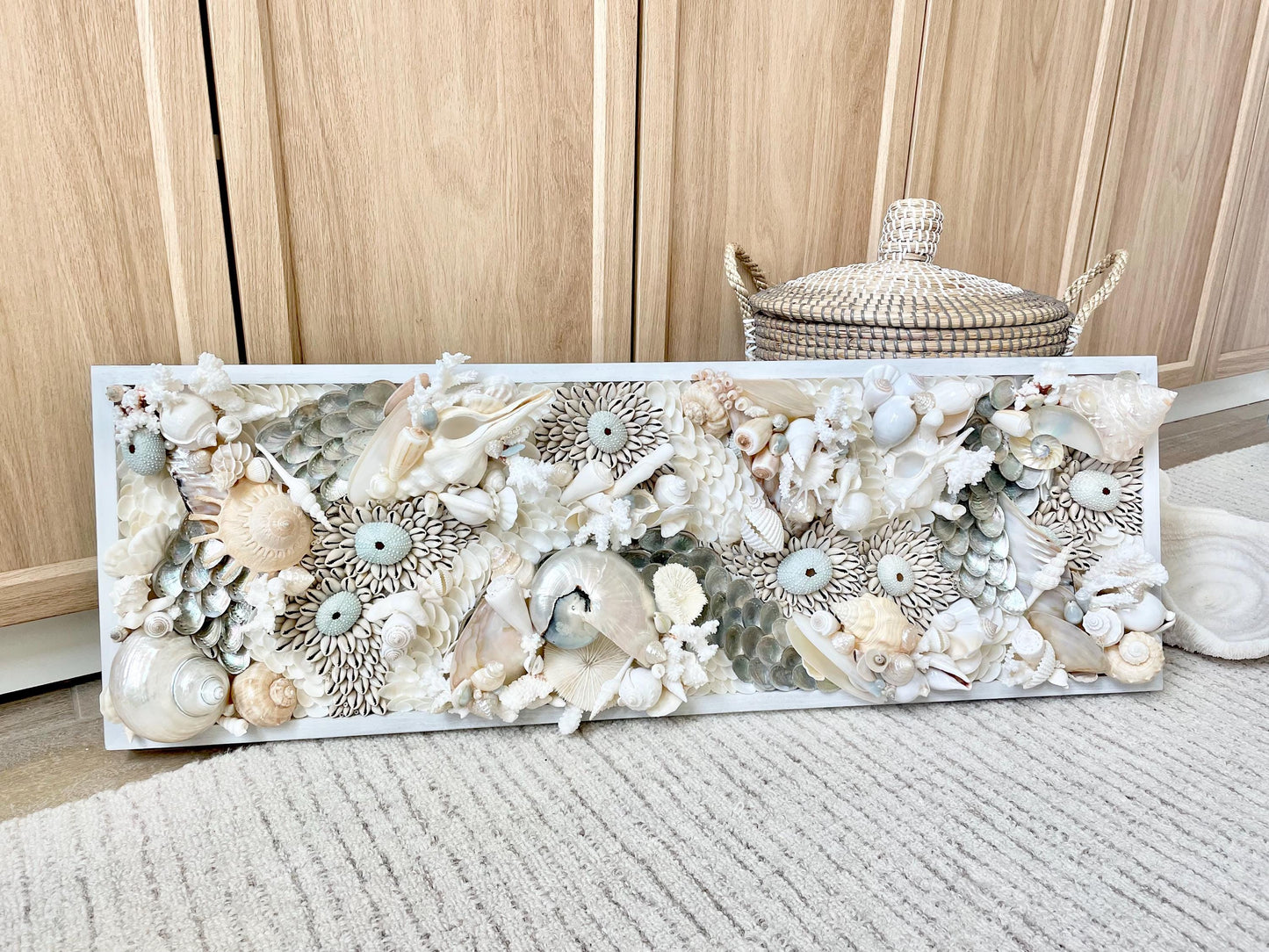 Powder Blue Pearl Seashell Modern Coastal Wall Art Natural Textured Sea shells Urchins Coral 36" x 12" Upscale Beach House Décor White Beige