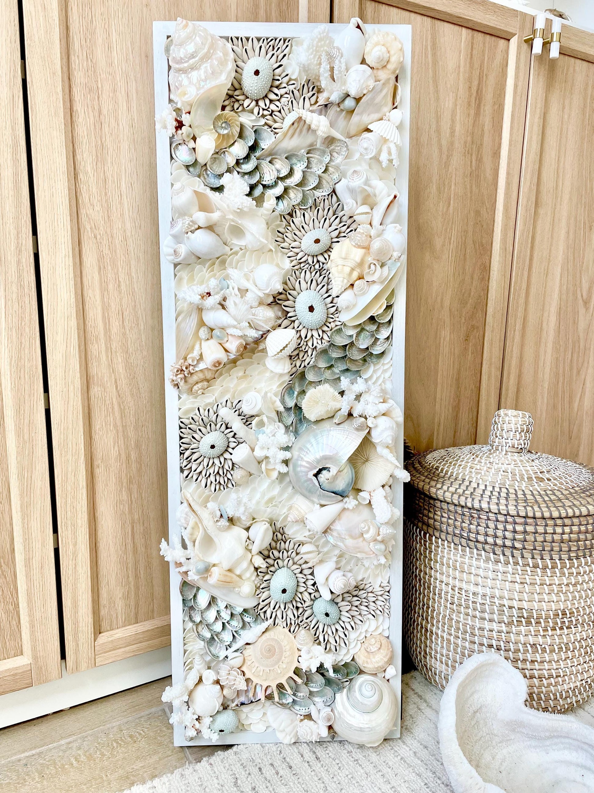 Seashell Wall Art: Powder Blue Pearl, Coral & Urchin, 12x 36" Coastal Décor