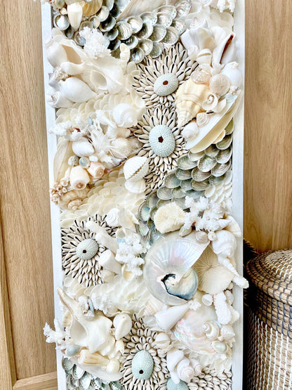 Powder Blue Pearl Seashell Modern Coastal Wall Art Natural Textured Sea shells Urchins Coral 36" x 12" Upscale Beach House Décor White Beige