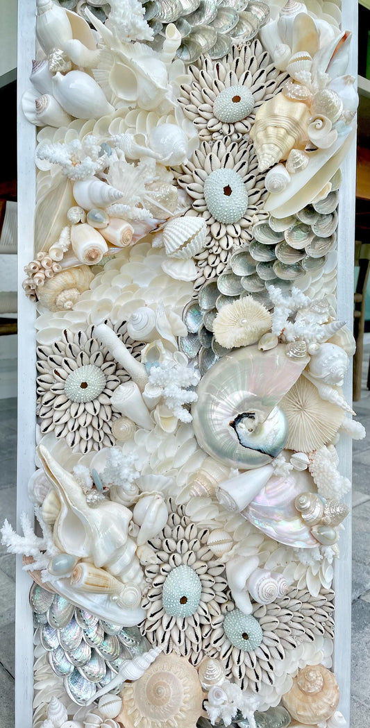 Powder Blue Pearl Seashell Modern Coastal Wall Art Natural Textured Sea shells Urchins Coral 36" x 12" Upscale Beach House Décor White Beige