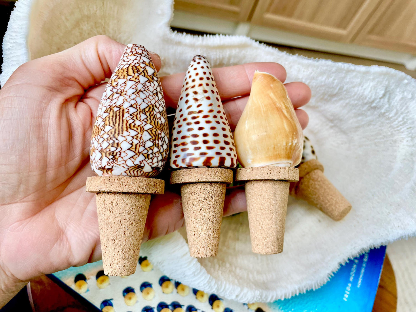 Authentic Ocean Seashell Wine Bottle Stopper Coastal Beach Lovers Gift Natural Organic Sustainable Cork Décor Cone Shells Turbo Cowry Harp