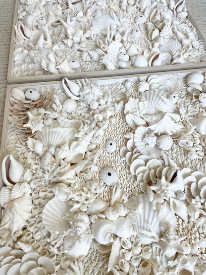 Handmade Modern Coastal Wall Art Natural Textured House Décor Seashells Urchins Coral 16", 24", 30" Square Beach White Sanibel Florida