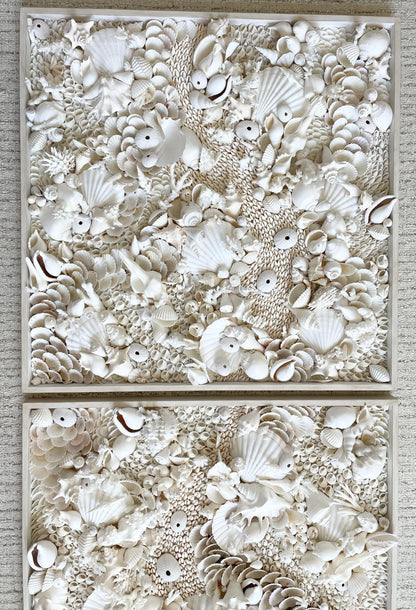 Handmade Modern Coastal Wall Art Natural Textured House Décor Seashells Urchins Coral 16", 24", 30" Square Beach White Sanibel Florida