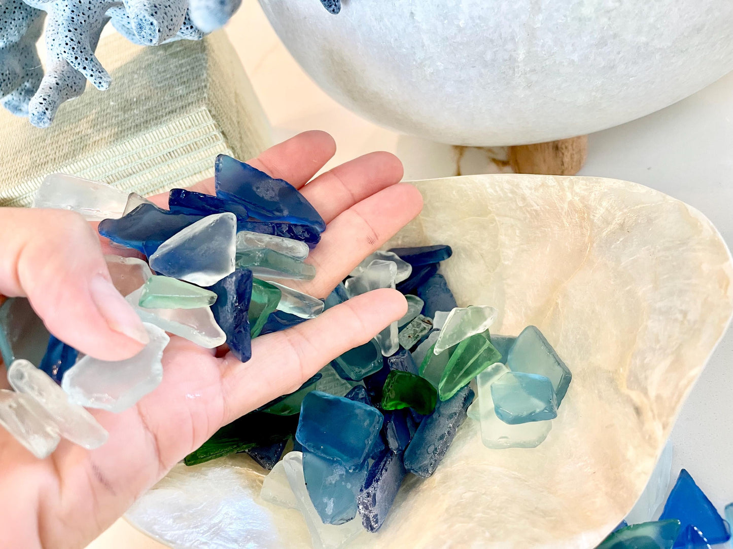 COASTAL SEA GLASS .5-2" Assorted Shaded Blue Green Tumbled Beach Coastal Crafts Mosaics & Décor