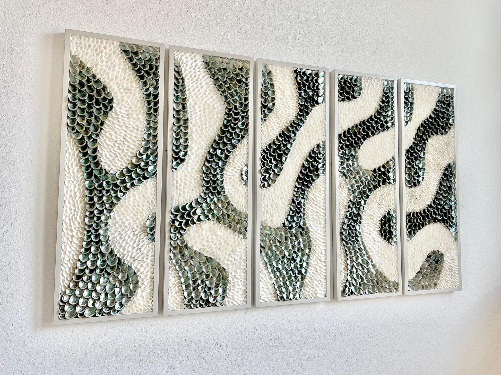 Minimalist Organic Shell Wall Art 5'x3' Modern Coastal Framed Abalone Clam Seashell Panels Textured Beach Hanging White Grey Silver