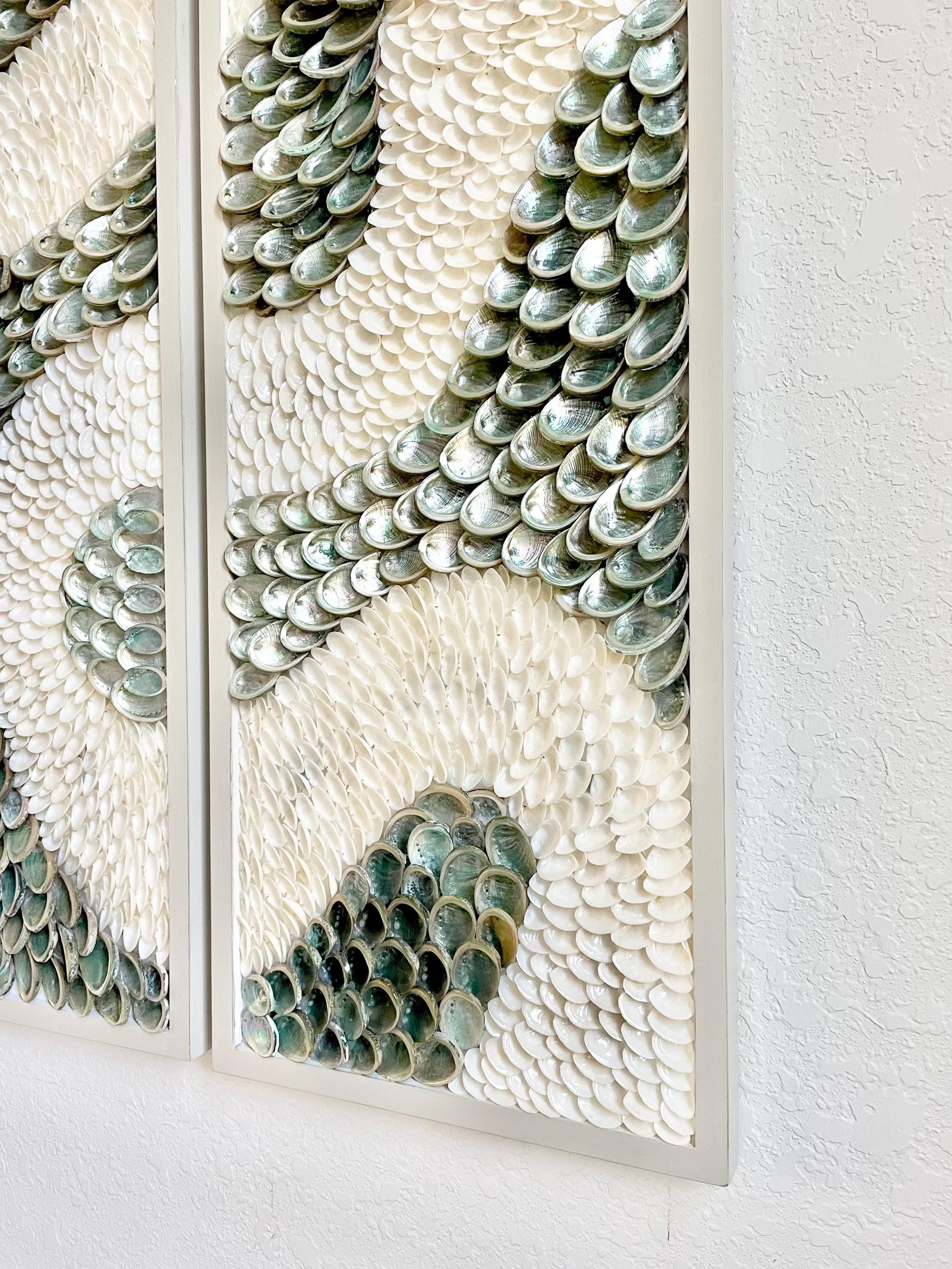 Minimalist Organic Shell Wall Art 5'x3' Modern Coastal Framed Abalone Clam Seashell Panels Textured Beach Hanging White Grey Silver