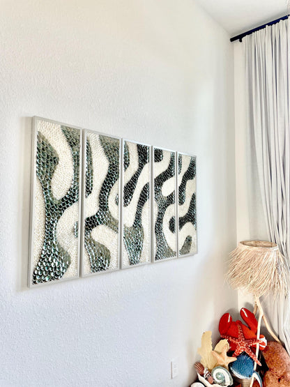 Minimalist Organic Shell Wall Art 5'x3' Modern Coastal Framed Abalone Clam Seashell Panels Textured Beach Hanging White Grey Silver