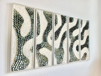 Clam & Abalone Shell Wall Art: Iridescent Silver, Modern Coastal Decor