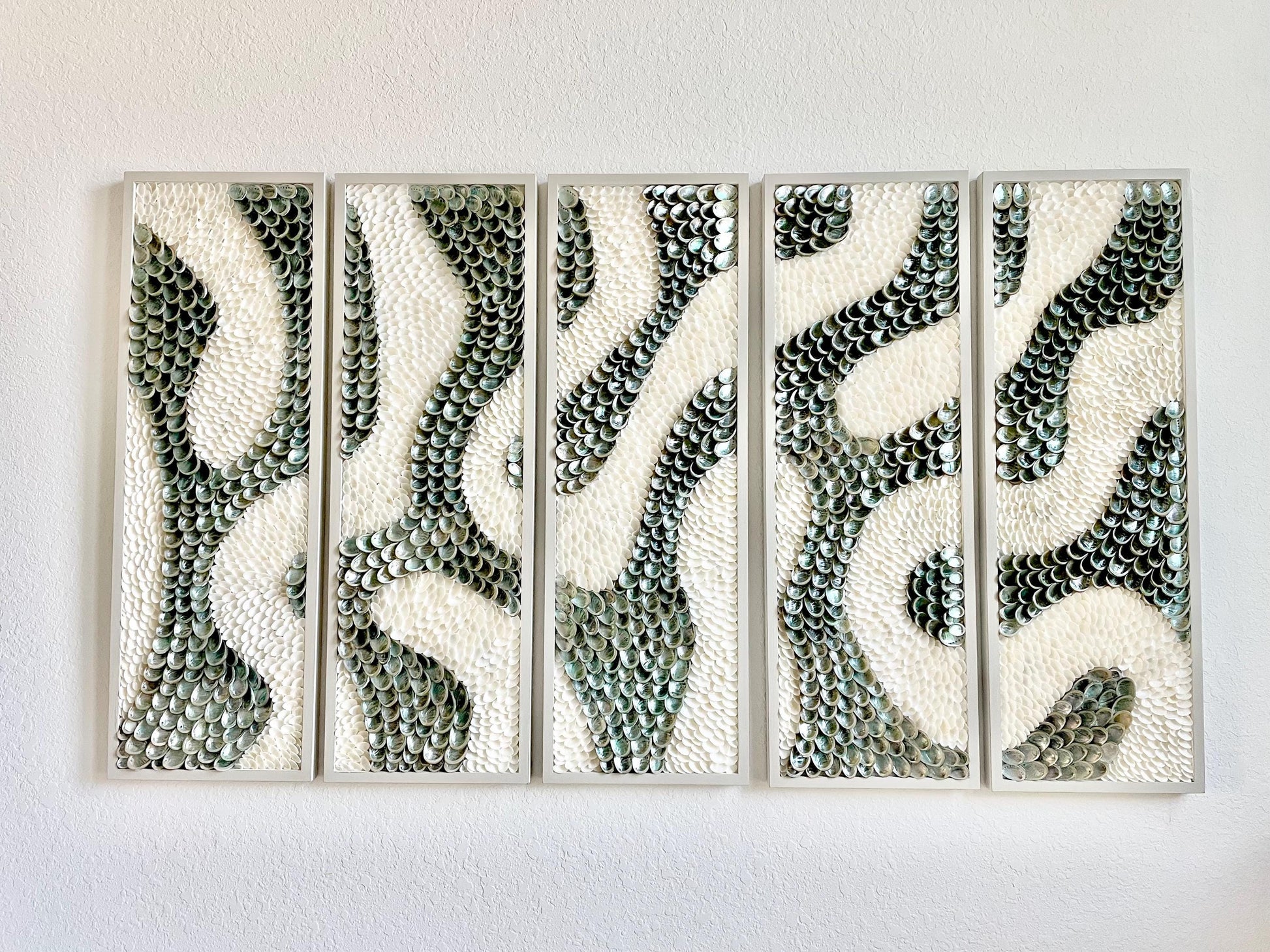 Minimalist Organic Shell Wall Art 5'x3' Modern Coastal Framed Abalone Clam Seashell Panels Textured Beach Hanging White Grey Silver