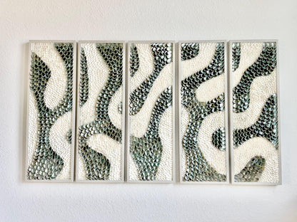 Minimalist Organic Shell Wall Art 5'x3' Modern Coastal Framed Abalone Clam Seashell Panels Textured Beach Hanging White Grey Silver