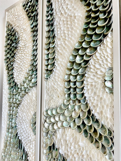 Minimalist Organic Shell Wall Art 5'x3' Modern Coastal Framed Abalone Clam Seashell Panels Textured Beach Hanging White Grey Silver
