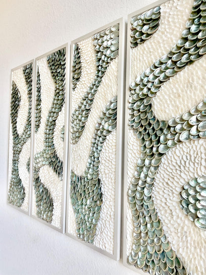 Minimalist Organic Shell Wall Art 5'x3' Modern Coastal Framed Abalone Clam Seashell Panels Textured Beach Hanging White Grey Silver